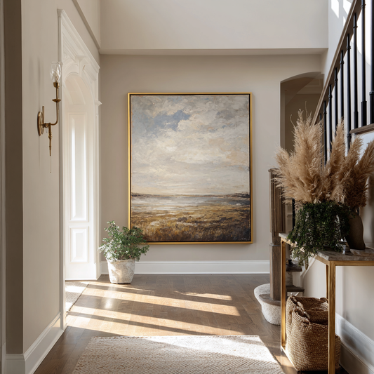 A large framed landscape painting hangs on a beige wall in a bright hallway with hardwood floors, a staircase, and decorative plants.