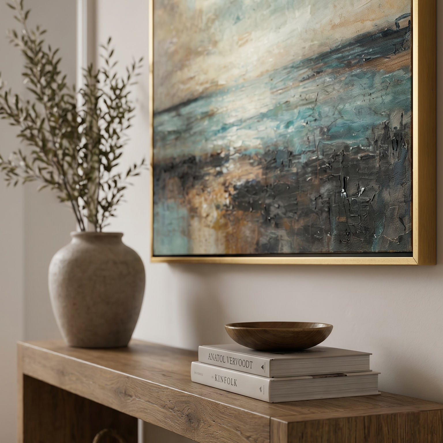 Decorative setup with a vase, books, and a bowl on a wooden console table, featuring an abstract painting in the background.